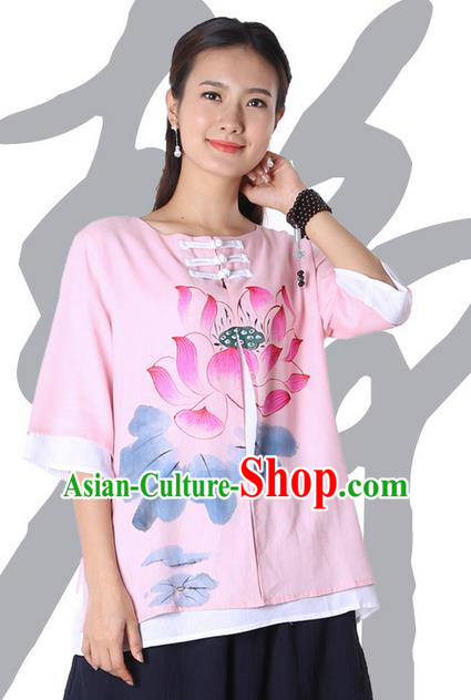 Top Chinese Traditional Costume Tang Suit Double-deck Pink Painting Lotus Blouse, Pulian Zen Clothing China Cheongsam Upper Outer Garment Plated Buttons Shirts for Women