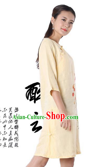Top Chinese Traditional Costume Tang Suit Yellow Linen Qipao Painting Daffodil Yoga Dress, Pulian Clothing Republic of China Cheongsam Upper Outer Garment Dress for Women