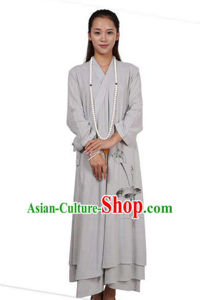 Top Chinese Traditional Costume Tang Suit Linen Upper Outer Garment Qipao Dress, Pulian Zen Clothing Republic of China Cheongsam Painting Lotus Grey Dress for Women