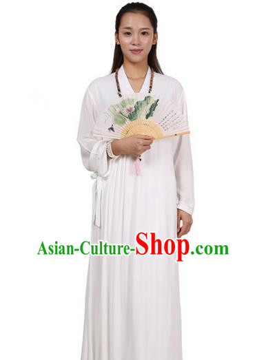 Top Chinese Traditional Costume Tang Suit Linen Upper Outer Garment Qipao Dress, Pulian Zen Clothing Republic of China Cheongsam White Dress for Women