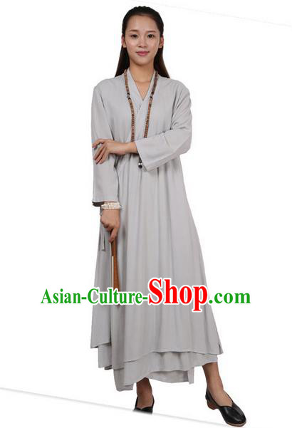 Top Chinese Traditional Costume Tang Suit Linen Upper Outer Garment Qipao Dress, Pulian Zen Clothing Republic of China Cheongsam Grey Dress for Women