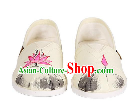 Top Chinese Traditional Linen Shoes, Pulian Shoes China Ink Painting Lotus Cloth Shoe for Women