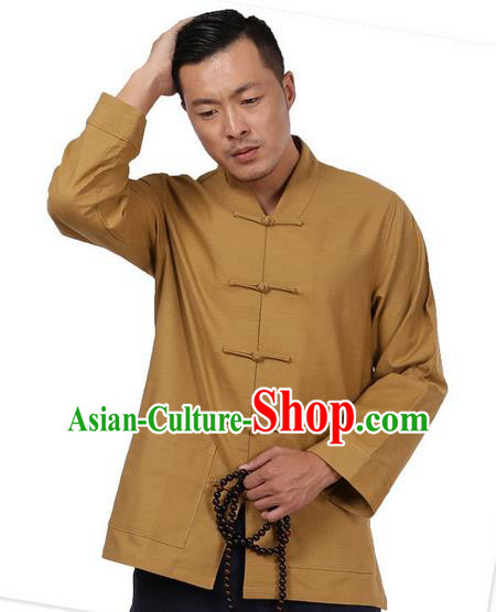 Traditional Chinese Kung Fu Costume Pulian Meditation Clothing Martial Arts Linen Plated Buttons Shirts, China Tang Suit Upper Outer Garment Khaki Overcoat for Men