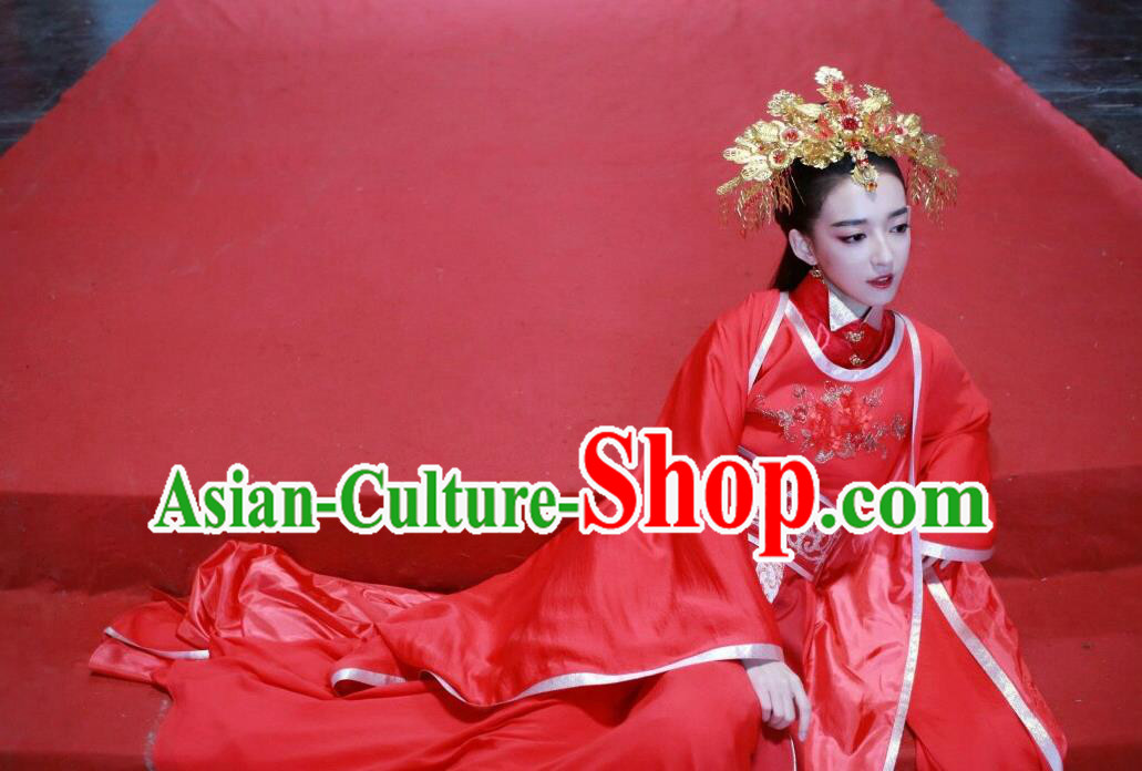 Traditional Chinese Ancient Princess Wedding Costume and Headpiece Complete Set, Chinese Teleplay Flower Shabana Flyings Sky Song Dynasty Palace Lady Red Dress Clothing for Women