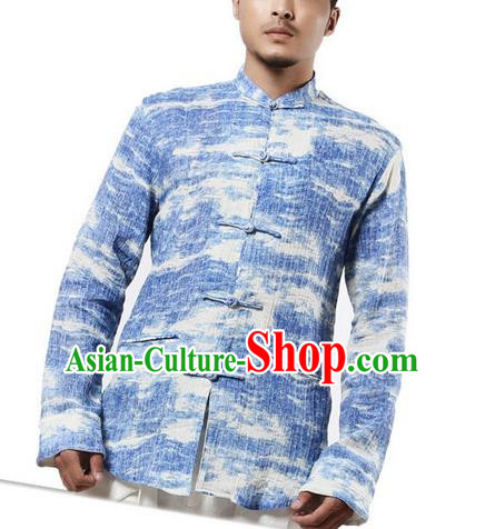 Traditional Chinese Kung Fu Costume Martial Arts Tang Suit Shirts Pulian Meditation Clothing, China Tai Chi Plated Buttons Blue Overshirts for Men
