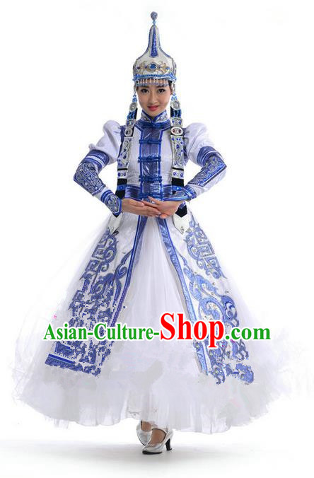 Traditional Chinese Mongol Nationality Dance Costume, Mongols Female Folk Dance Ethnic Pleated Skirt, Chinese Mongolian Minority Nationality Blue Dress Clothing for Women