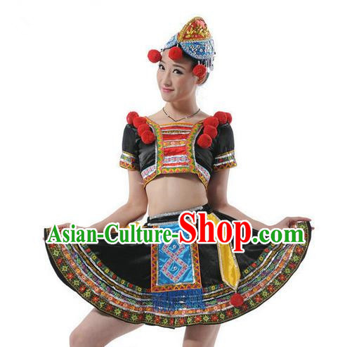 Traditional Chinese Miao Nationality Dancing Costume, Hmong Female Folk Dance Ethnic Pleated Skirt, Chinese Tujia Minority Nationality Dance Clothing for Women