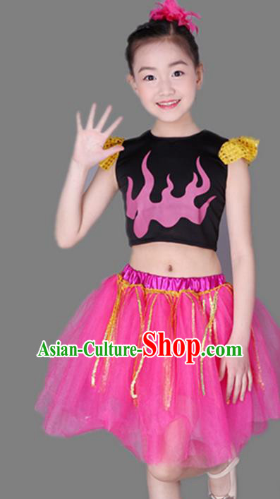 Top Grade Chinese Compere Performance Costume, Children Jazz Dance Dress Modern Dance Pink Bubble Skirts for Girls Kids