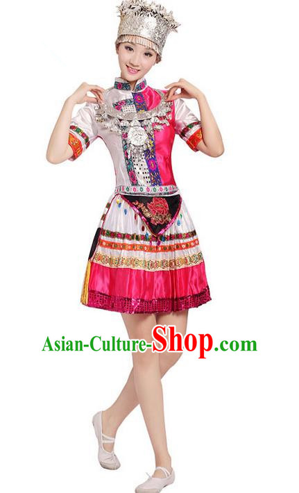 Traditional Chinese Miao Nationality Dancing Costume, Zhuang Zu Female Folk Dance Ethnic Pleated Skirt, Chinese Yi Minority Nationality Costume for Women