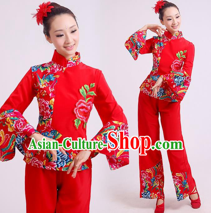 Traditional Chinese Yangge Fan Dancing Costume, Folk Dance Yangko Mandarin Sleeve Uniforms Drum Dance Red Clothing for Women