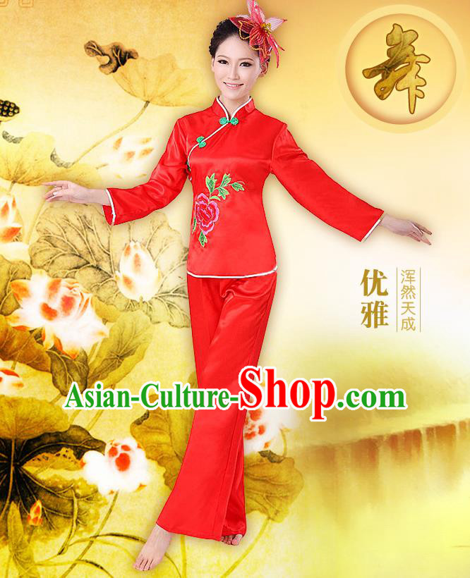 Traditional Chinese Yangge Fan Dancing Costume, Folk Dance Yangko Costume Drum Dance Red Clothing for Women