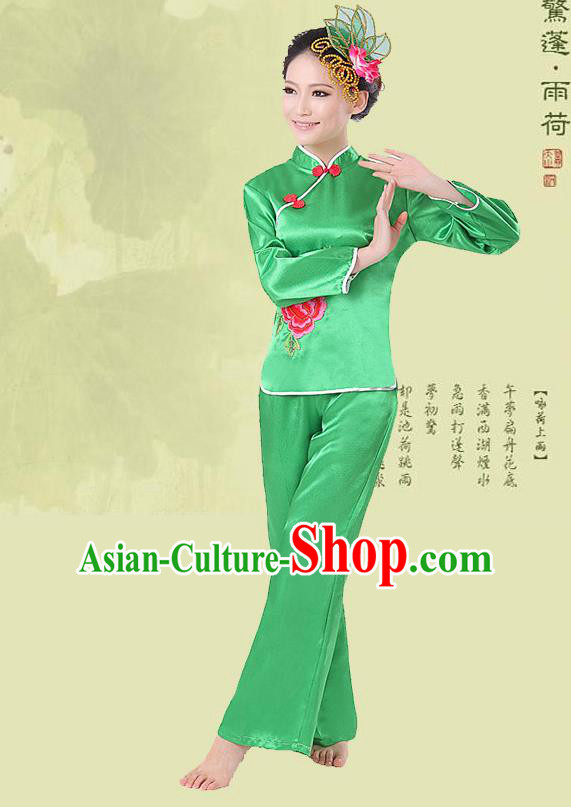 Traditional Chinese Yangge Fan Dancing Costume, Folk Dance Yangko Costume Drum Dance Green Clothing for Women