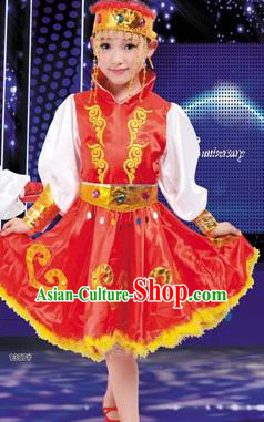 Traditional Chinese Mongol Nationality Dancing Costume, Mongols Children Folk Dance Ethnic Pleated Skirt, Chinese Minority Nationality Red Dress for Kids