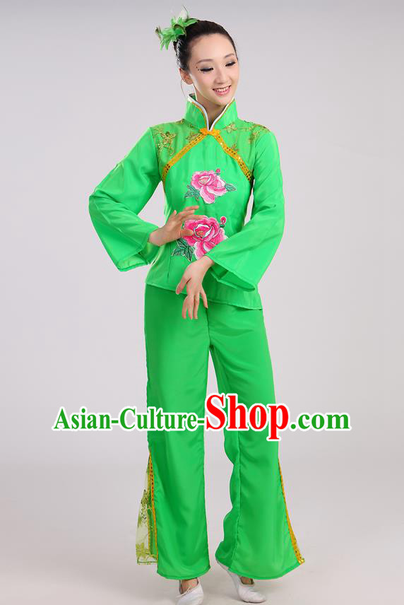 Traditional Chinese Yangge Fan Dancing Costume, Folk Dance Yangko Mandarin Sleeve Uniform Drum Dance Green Clothing for Women