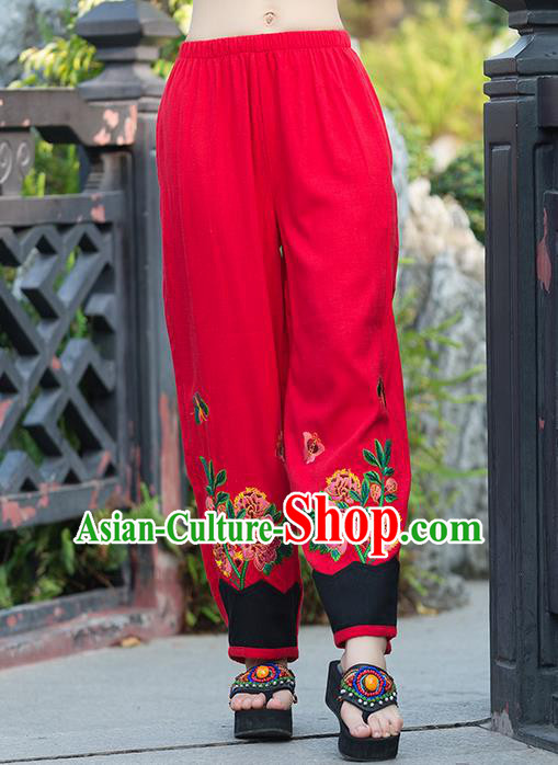 Traditional Chinese National Costume Plus Fours, Elegant Hanfu Embroidered Red Linen Bloomers, China Ethnic Minorities Tang Suit Pantalettes for Women