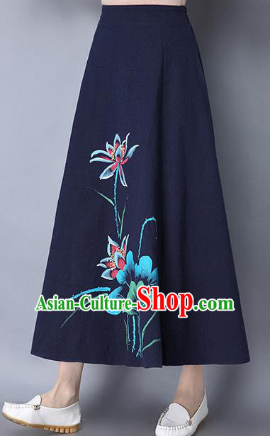 Traditional Ancient Chinese National Pleated Skirt Costume, Elegant Hanfu Linen Printing Lotus Long Navy Skirt, China Tang Suit Bust Skirt for Women