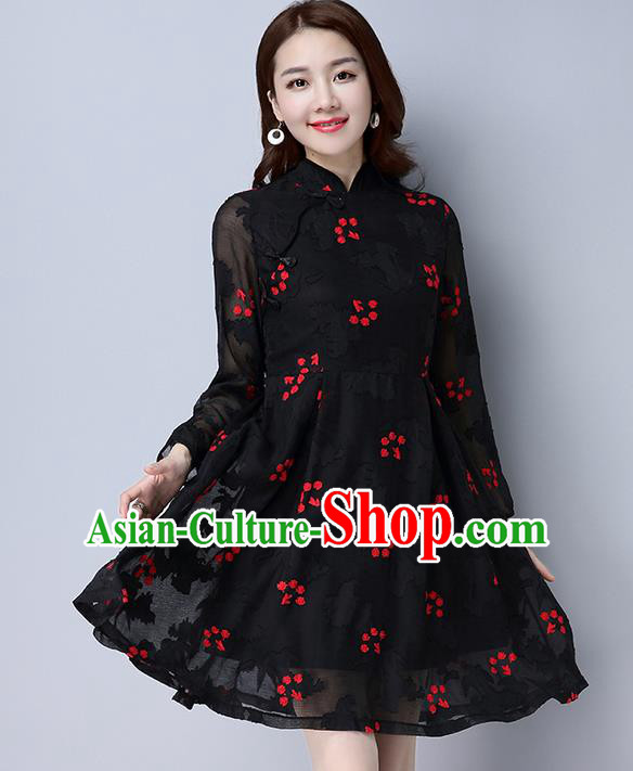 Traditional Ancient Chinese National Costume, Elegant Hanfu Mandarin Qipao Chiffon Black Dress, China Tang Suit Chirpaur Republic of China Cheongsam Upper Outer Garment Elegant Dress Clothing for Women