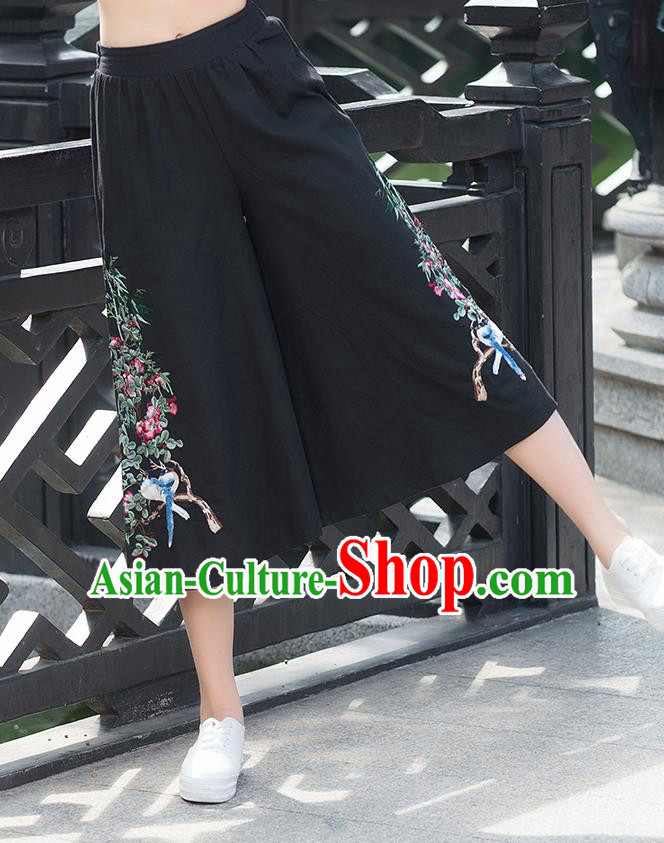 Traditional Chinese National Costume Loose Pants, Elegant Hanfu Embroidered Black Wide leg Pants, China Ethnic Minorities Tang Suit Ultra-wide-leg Trousers for Women