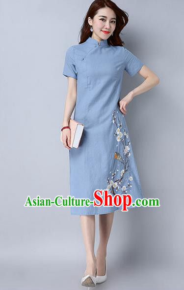 Traditional Ancient Chinese National Costume, Elegant Hanfu Mandarin Qipao Embroidery Peach Blossom Blue Dress, China Tang Suit Chirpaur Republic of China Cheongsam Upper Outer Garment Elegant Dress Clothing for Women