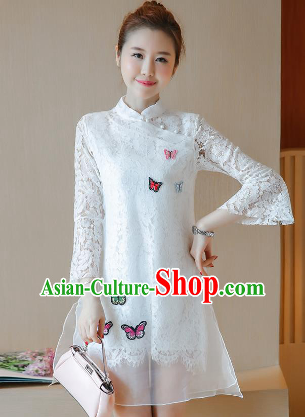 Traditional Ancient Chinese National Costume, Elegant Hanfu Mandarin Qipao Embroidered Butterflies White Lace Dress, China Tang Suit Chirpaur Republic of China Cheongsam Upper Outer Garment Elegant Dress Clothing for Women