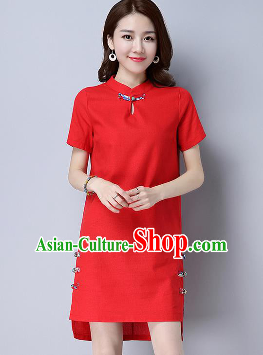 Traditional Ancient Chinese National Costume, Elegant Hanfu Mandarin Qipao Linen Red Dress, China Tang Suit Plated Buttons Chirpaur Republic of China Cheongsam Upper Outer Garment Elegant Dress Clothing for Women