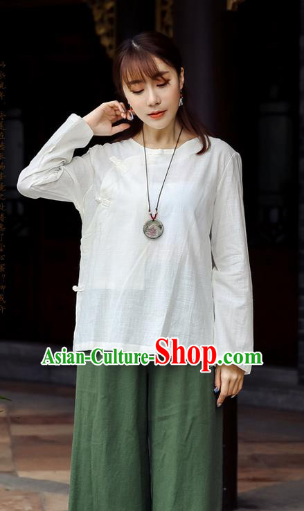 Traditional Chinese National Costume, Elegant Hanfu Linen Slant Opening White Shirt, China Tang Suit Republic of China Plated Buttons Chirpaur Blouse Cheong-sam Upper Outer Garment Qipao Shirts Clothing for Women