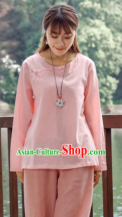 Traditional Chinese National Costume, Elegant Hanfu Linen Slant Opening Pink Shirt, China Tang Suit Republic of China Plated Buttons Chirpaur Blouse Cheong-sam Upper Outer Garment Qipao Shirts Clothing for Women