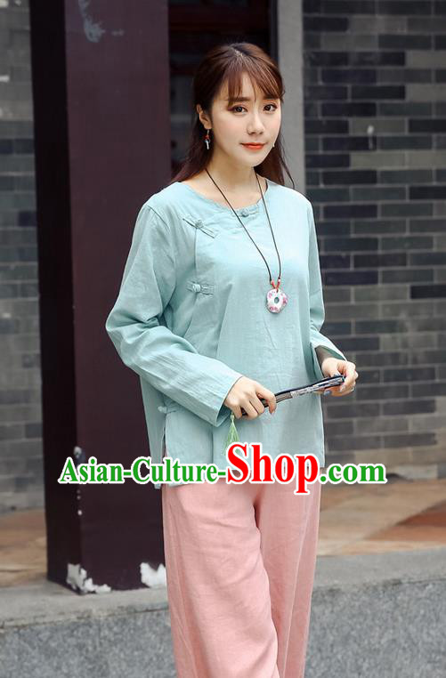 Traditional Chinese National Costume, Elegant Hanfu Linen Slant Opening Blue Shirt, China Tang Suit Republic of China Plated Buttons Chirpaur Blouse Cheong-sam Upper Outer Garment Qipao Shirts Clothing for Women