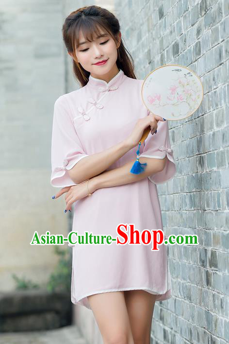 Traditional Ancient Chinese National Costume, Elegant Hanfu Mandarin Qipao Pink Dress, China Tang Suit Short Chirpaur Republic of China Cheongsam Upper Outer Garment Elegant Dress Clothing for Women