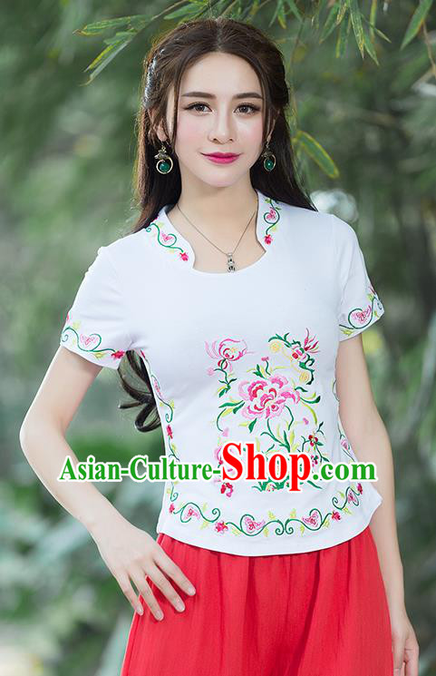 Traditional Chinese National Costume, Elegant Hanfu Embroidery Flowers Stand Collar White Pink T-Shirt, China Tang Suit Republic of China Chirpaur Blouse Cheong-sam Upper Outer Garment Qipao Shirts Clothing for Women