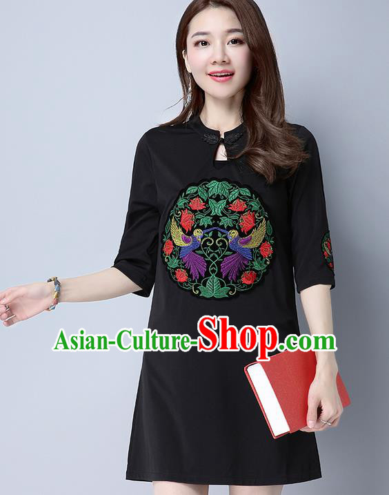 Traditional Ancient Chinese National Costume, Elegant Hanfu Mandarin Qipao Patch Embroidery Black Dress, China Tang Suit Plated Button Chirpaur Republic of China Cheongsam Upper Outer Garment Elegant Dress Clothing for Women
