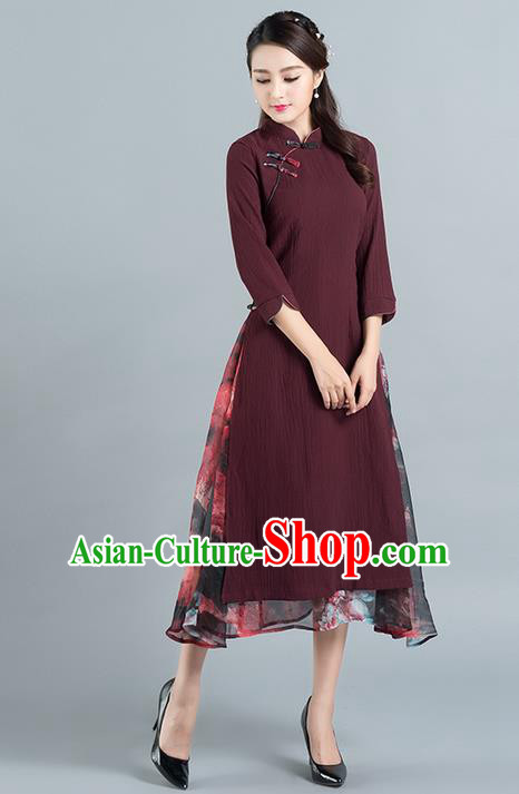 Traditional Ancient Chinese National Costume, Elegant Hanfu Mandarin Qipao Stand Collar Dress, China Tang Suit Plated Button Chirpaur Republic of China Cheongsam Upper Outer Garment Elegant Dress Clothing for Women
