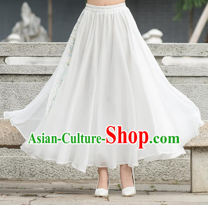 Traditional Ancient Chinese National Pleated Skirt Costume, Elegant Hanfu Hand Painting Peach Blossom Long White Dress, China Tang Suit Bust Skirt for Women