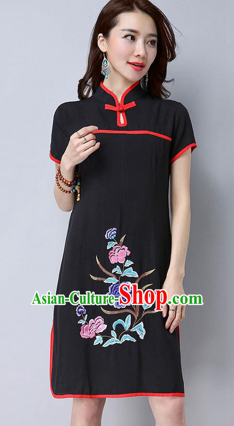 Traditional Ancient Chinese National Costume, Elegant Hanfu Mandarin Qipao Embroider Black Dress, China Tang Suit Chirpaur Republic of China Cheongsam Upper Outer Garment Elegant Dress Clothing for Women