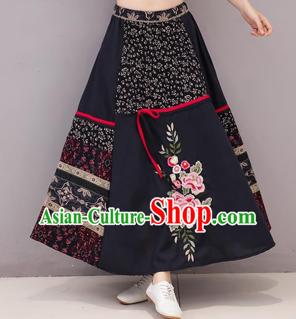 Traditional Ancient Chinese National Pleated Skirt Costume, Elegant Hanfu Linen Embroidery Long Black Dress, China Tang Suit National Minority Bust Skirt for Women