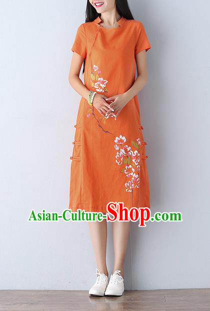 Traditional Ancient Chinese National Costume, Elegant Hanfu Mandarin Qipao Linen Printing Orange Dress, China Tang Suit Chirpaur Republic of China Cheongsam Upper Outer Garment Elegant Dress Clothing for Women