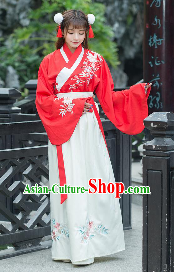Traditional Ancient Chinese Costume, Elegant Hanfu Clothing Embroidered Slant Opening Blouse and Dress, China Ming Dynasty Princess Elegant Red Blouse and Ru Skirt Complete Set for Women