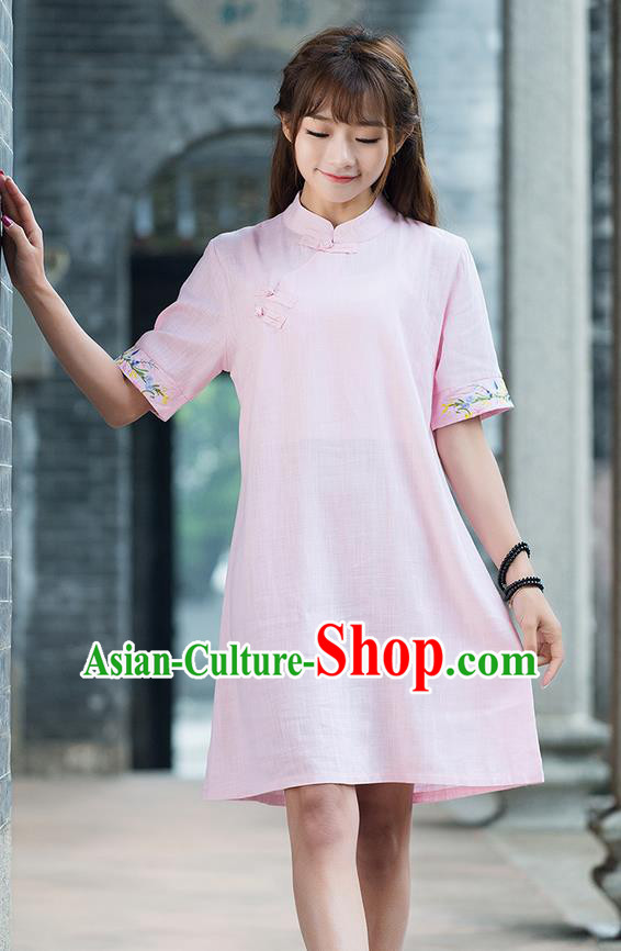 Traditional Ancient Chinese National Costume, Elegant Hanfu Mandarin Qipao Embroidery Sleeve Linen Pink Dress, China Tang Suit Chirpaur Republic of China Cheongsam Upper Outer Garment Elegant Dress Clothing for Women