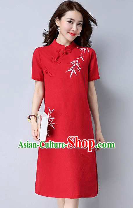 Traditional Ancient Chinese National Costume, Elegant Hanfu Mandarin Qipao Hand Painting Red Dress, China Tang Suit Stand Collar Chirpaur Republic of China Cheongsam Upper Outer Garment Elegant Dress Clothing for Women