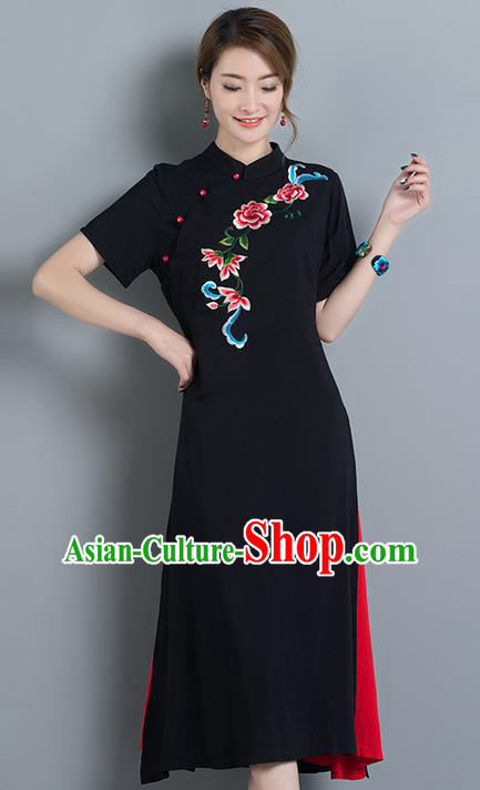 Traditional Ancient Chinese National Costume, Elegant Hanfu Mandarin Qipao Embroidery Black Linen Dress, China Tang Suit Chirpaur Republic of China Cheongsam Upper Outer Garment Elegant Dress Clothing for Women