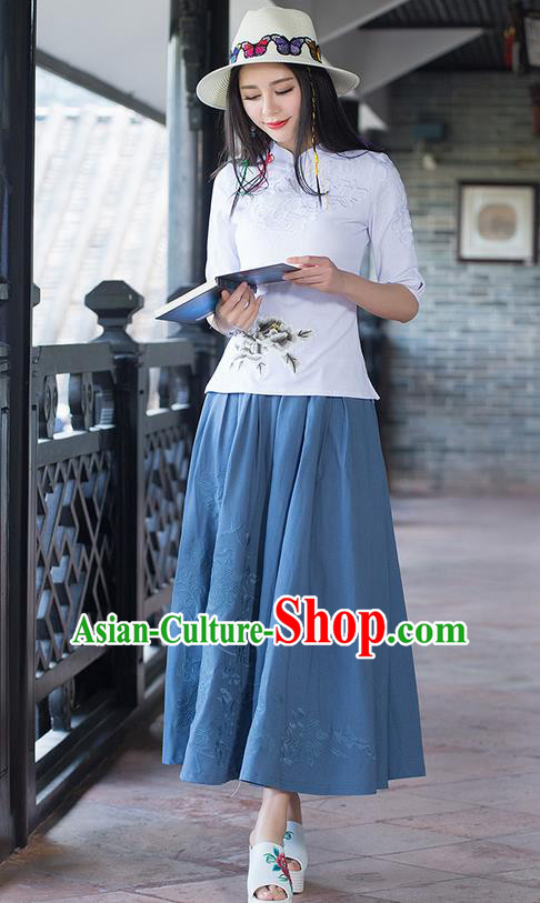 Traditional Ancient Chinese National Pleated Skirt Costume, Elegant Hanfu Embroidery Long Navy Dress, China Tang Suit Linen Bust Skirt for Women