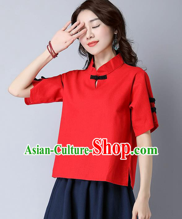 Traditional Chinese National Costume, Elegant Hanfu Stand Collar Red T-Shirt, China Tang Suit Republic of China Plated Buttons Chirpaur Blouse Cheong-sam Upper Outer Garment Qipao Shirts Clothing for Women