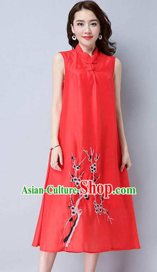 Traditional Ancient Chinese National Costume, Elegant Hanfu Mandarin Qipao Linen Embroidery Plum Blossom Red Dress, China Tang Suit Chirpaur Republic of China Cheongsam Upper Outer Garment Elegant Dress Clothing for Women