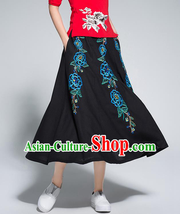 Traditional Ancient Chinese National Pleated Skirt Costume, Elegant Hanfu Linen Embroidery Long Black Dress, China Tang Suit Big Swing Bust Skirt for Women