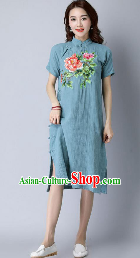 Traditional Ancient Chinese National Costume, Elegant Hanfu Stand Collar Mandarin Qipao Embroidery Slant Opening Blue Dress, China Tang Suit Cheongsam Upper Outer Garment Elegant Dress Clothing for Women