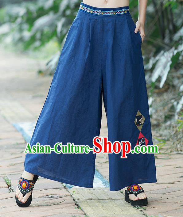 Traditional Chinese National Costume Loose Pants, Elegant Hanfu Embroidered Navy Wide leg Pants, China Ethnic Minorities Tang Suit Ultra-wide-leg Trousers for Women