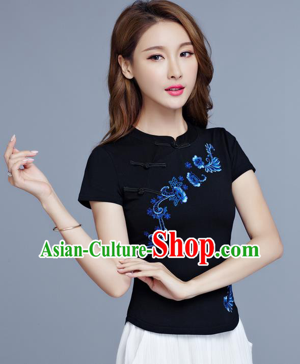 Traditional Chinese National Costume, Elegant Hanfu Embroidery Flowers Slant Opening Black T-Shirt, China Tang Suit Stand Collar Plated Buttons Chirpaur Blouse Cheong-sam Upper Outer Garment Qipao Shirts Clothing for Women