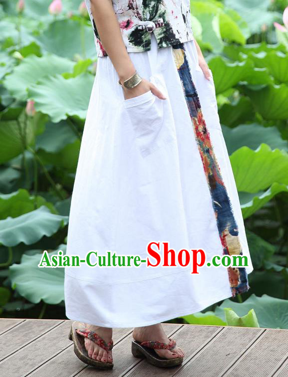 Traditional Ancient Chinese National Pleated Skirt Costume, Elegant Hanfu Embroidery Long White Dress, China Tang Dynasty Bust Skirt for Women