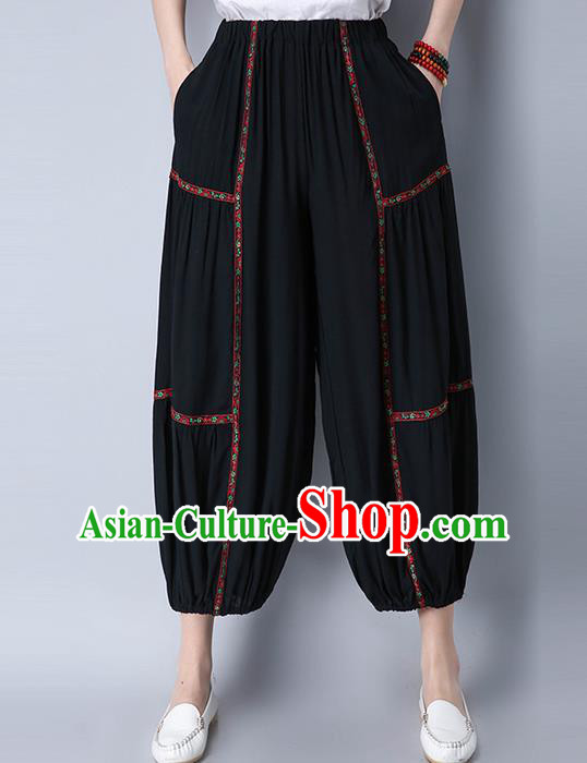 Traditional Chinese National Costume Plus Fours, Elegant Hanfu Embroidered Black Bloomers, China Ethnic Minorities Folk Dance Tang Suit Pantalettes for Women