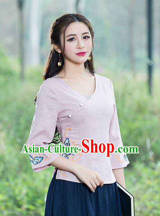 Traditional Chinese National Costume, Elegant Hanfu Embroidery Flowers Slant Opening Pink T-Shirt, China Tang Suit Republic of China Chirpaur Blouse Cheong-sam Upper Outer Garment Qipao Shirts Clothing for Women